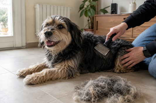 Cane durante la muta autunnale mentre viene spazzolato per rimuovere il sottopelo e il pelo morto.