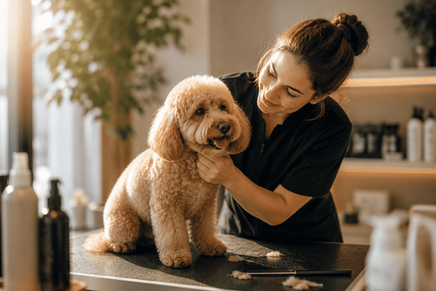 Toelettatrice Jackobs Beauty Pet con un cane durante una consulenza in un salone professionale.