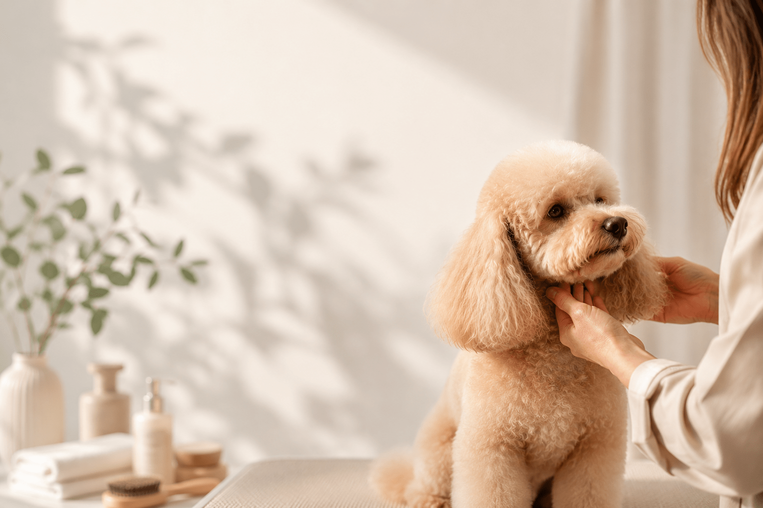 Cane appena toelettato durante un trattamento di bellezza professionale. Jackobs Beauty Pet partecipa alla Milano Beauty Week 2026 con prodotti e consulenze dedicate al benessere del cane.